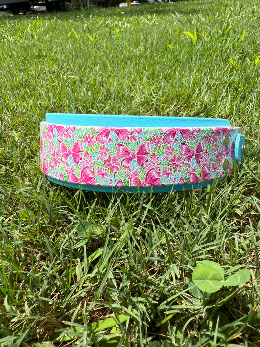 2” Pink Bow with Neon Blue Backing & 1” Taper - XL (18-21”)
