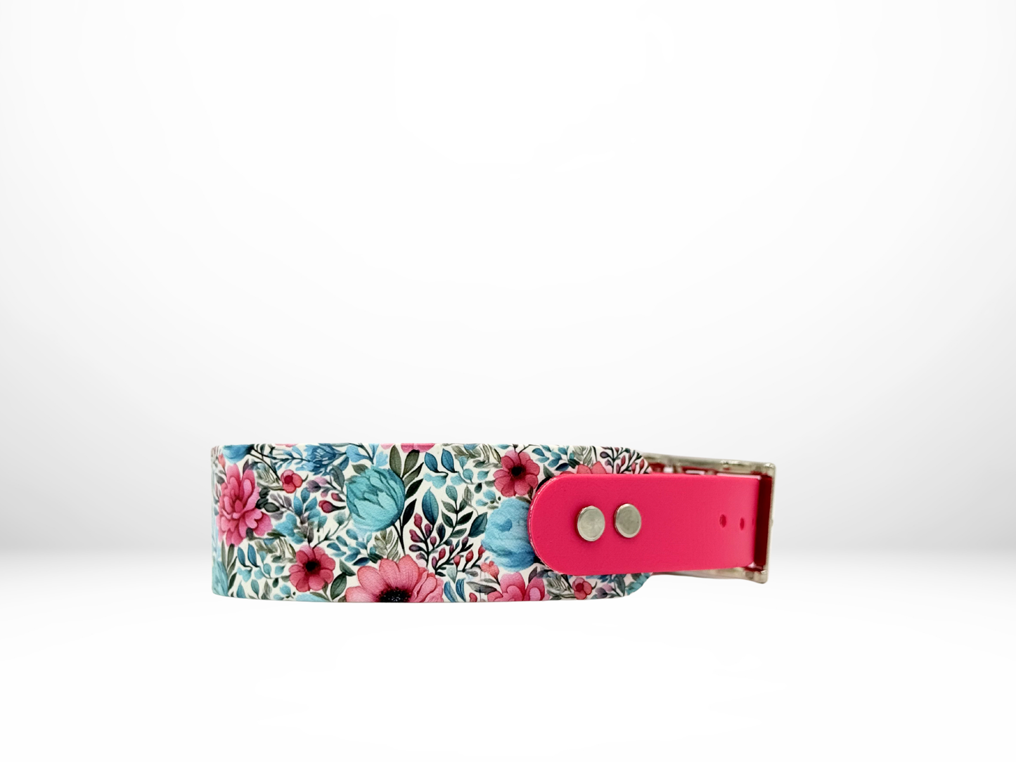 Medium (13-16 Inches) Pink and Blue Floral UV Print with Pink Accent Dog Collar