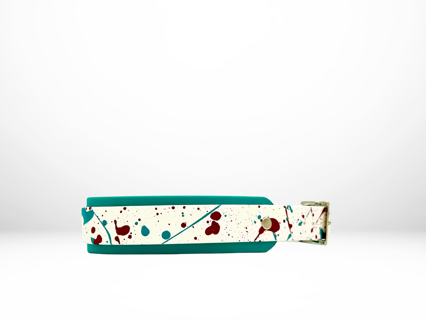 Large (16-19 Inches) White with Teal and Burgundy Splatter and Teal Underlay Dog Collar