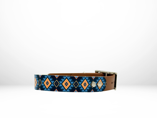 Medium (13-16 Inches) Blue Aztec UV Print with Camel Accent Dog Collar