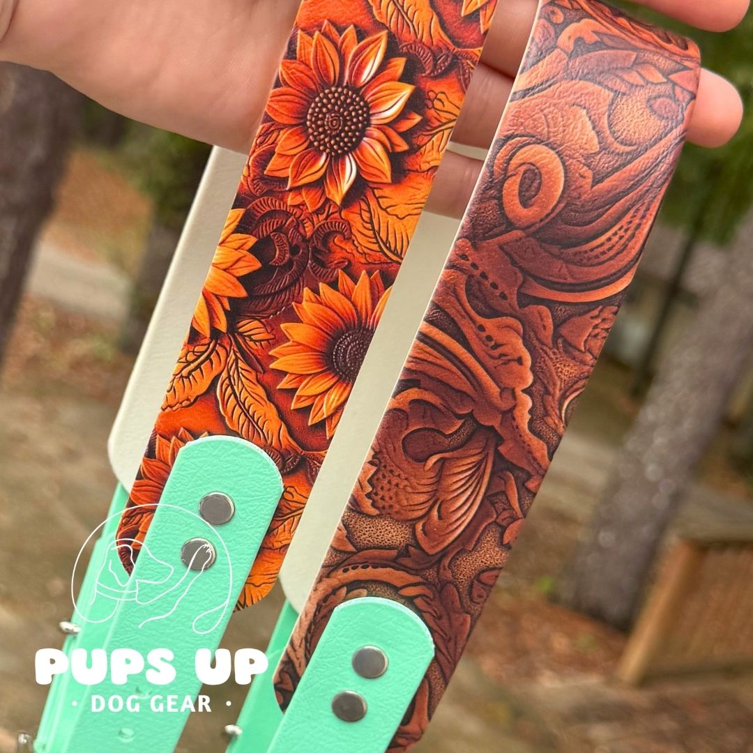 1.5" Tapered Sunflower Carved Leather Collar