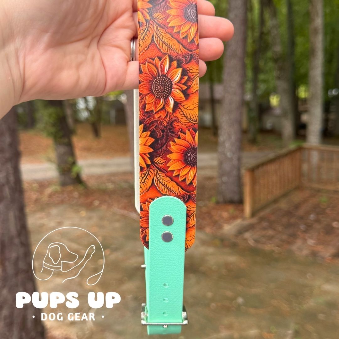 1.5" Tapered Sunflower Carved Leather Collar