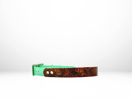 Large (16-19 Inches)Tooled Leather UV Print with Mint Accent Dog Collar