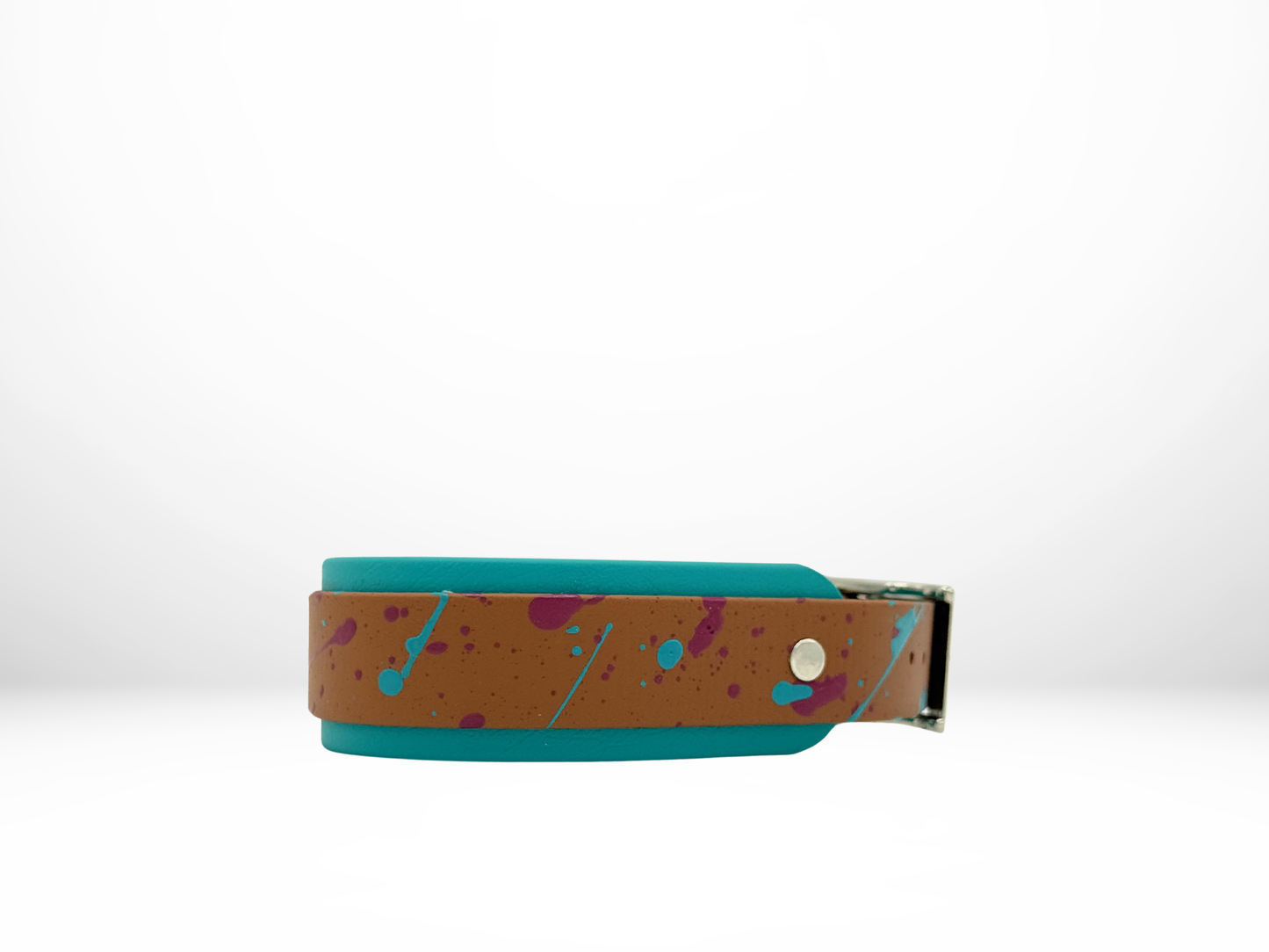 Medium (13-16 Inches) Camel with Burgundy and Teal Splatter and Teal Underlay Dog Collar