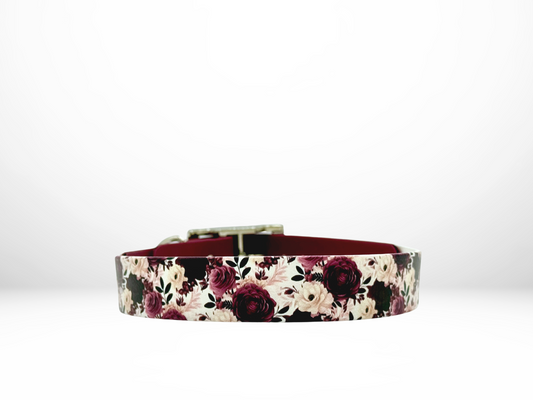 Large (16-19 Inches) Burgundy Floral UV Print with Burgundy Accent Dog Collar