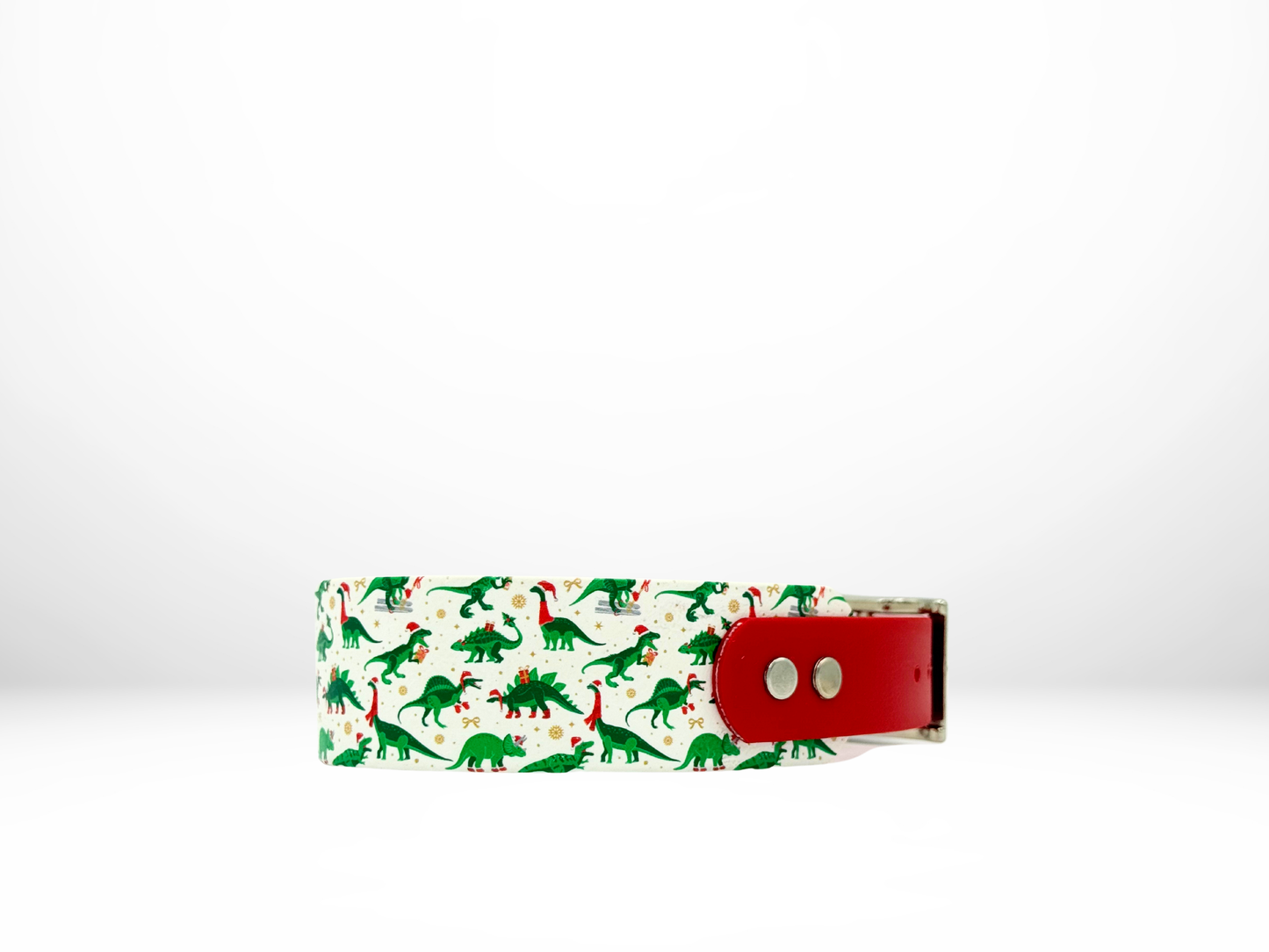 Medium (13-16 Inches) Christmas Dinos UV Print with RedAccent Dog Collar