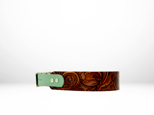 Large (16-19 Inches) Tooled Leather UV Print with Sage Accent Dog Collar