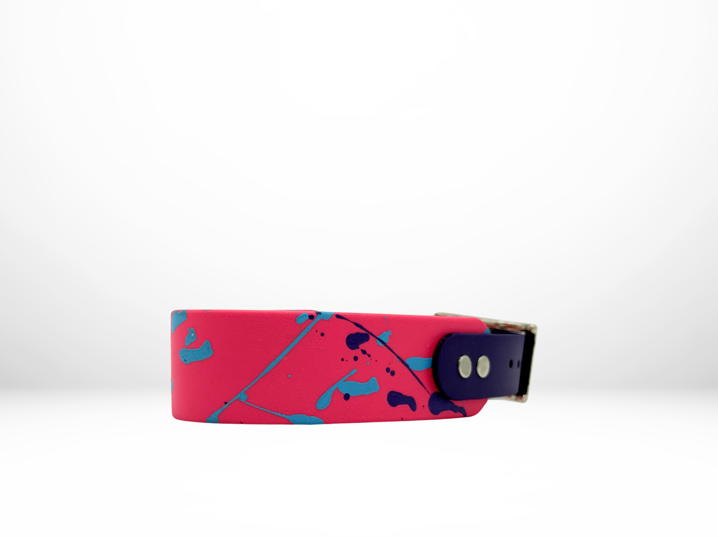 Medium (13-16 Inches) Pink with Purple and Sky Splatter and Purple Accent Dog Collar