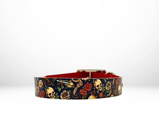 Large (16-19 Inches) Skull Tattoo Style UV Print with Red Accent Dog Collar