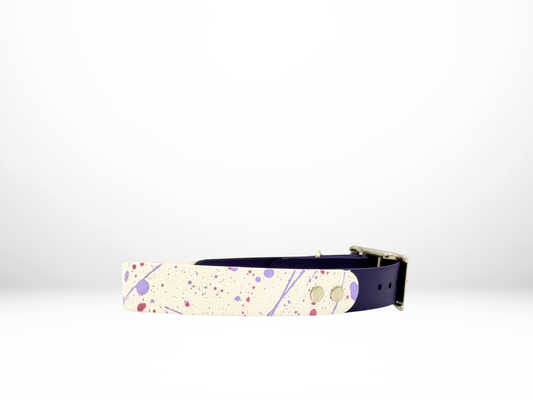 Medium (13-16 Inches) White with Lavender and Bubblegum Splatter and Purple Accent Dog Collar