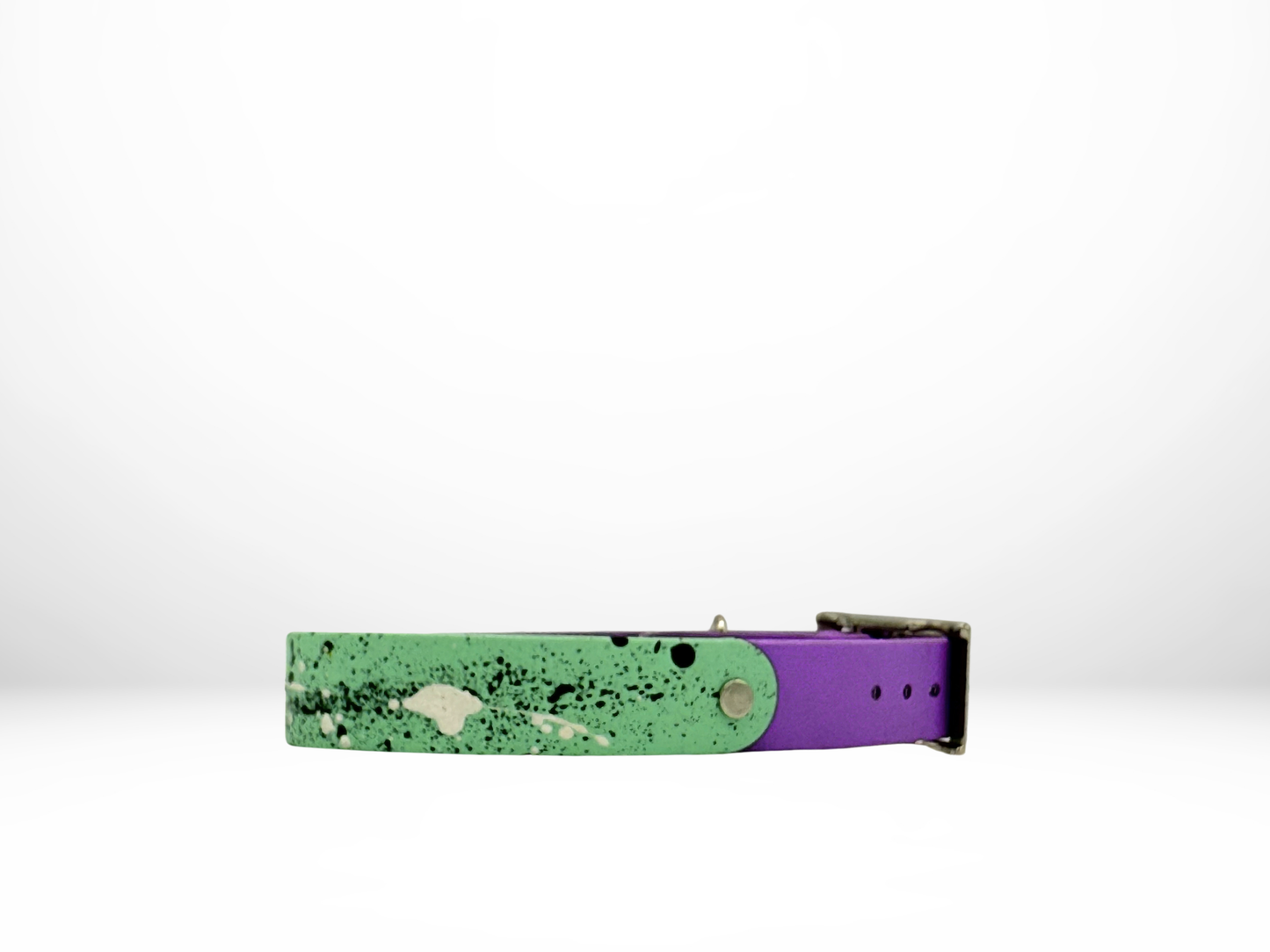 Medium (13-16 Inches) Mint with Black and White Splatter and Purple Accent Dog Collar