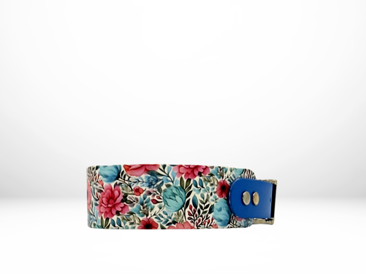 Medium (13-16 Inches) Pink and Blue Floral UV Print with Blue Accent Dog Collar