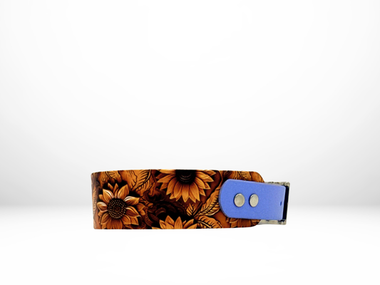 Medium (13-16 Inches) Sunflower Tooled Leather UV Print with Periwinkle Accent Dog Collar