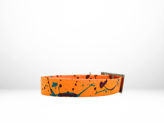 Medium (13-16 Inches) Mango with Teal and Burgundy Splatter Dog Collar