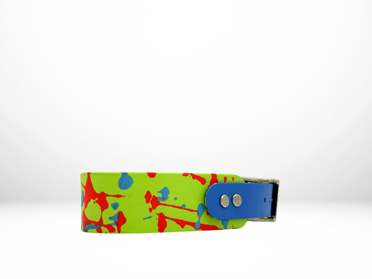 Medium (13-16 Inches) Lime with Sky and Neon Pink Splatter and Blue Accent Dog Collar