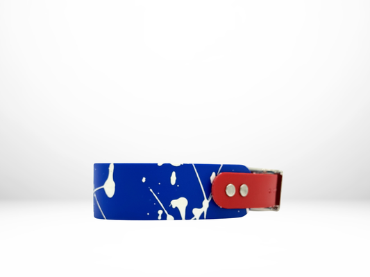 Medium (13-16 Inches) Royal with White Splatter and Red Accent Dog Collar