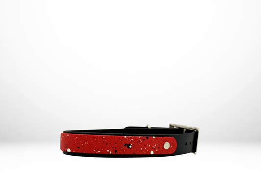 Medium (13-16 Inches) Black with Red Overlay and White and Black Splatter Dog Collar