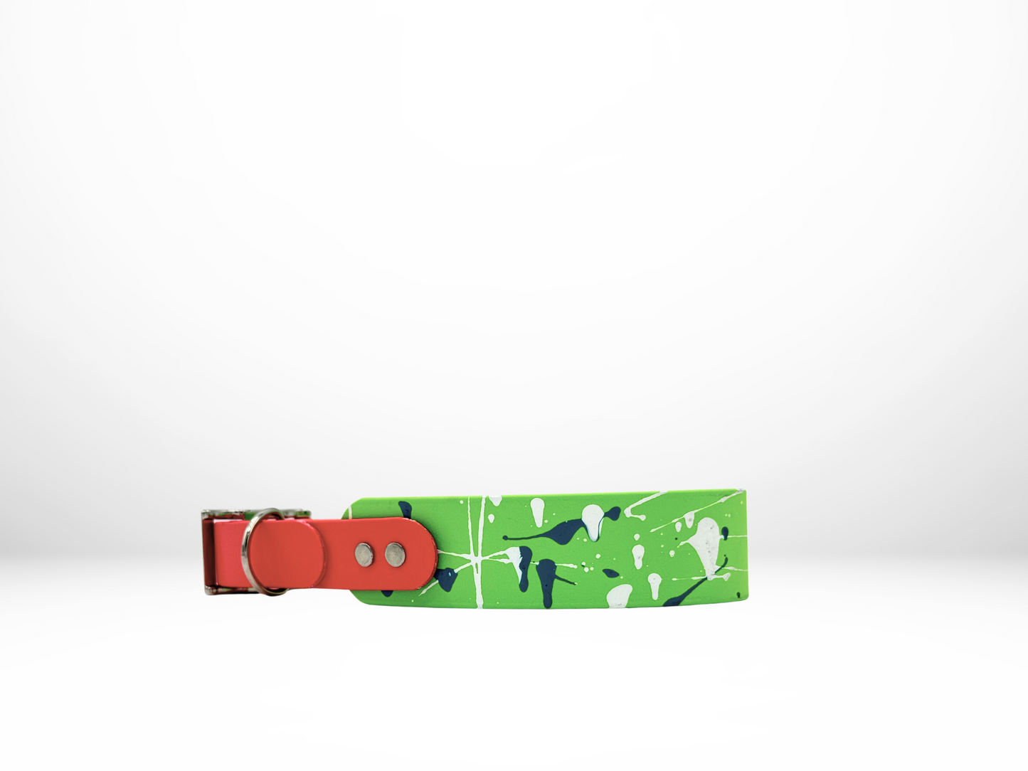 IMPERFECT - Large (16-19 Inches) Lime with Teal and White Splatter and Coral Accent Dog Collar