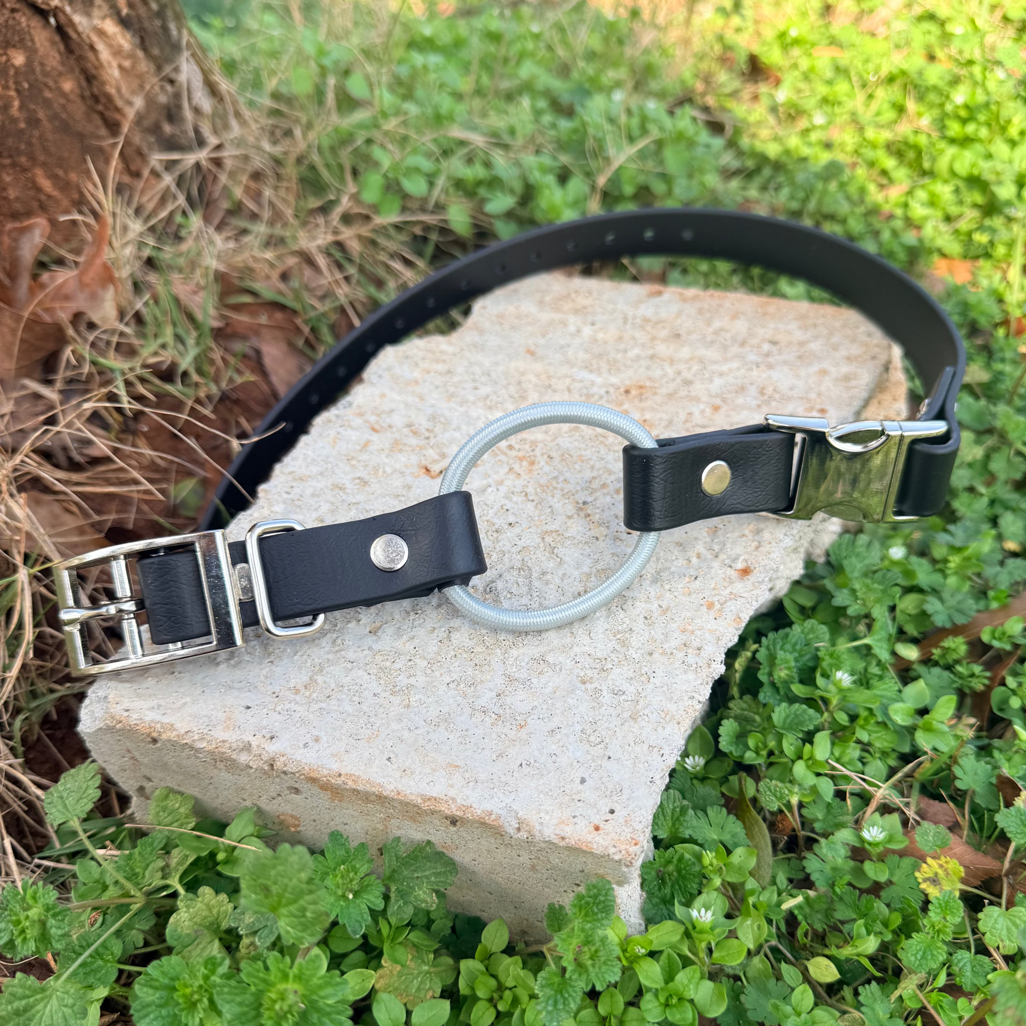 PREMADE 14-20" E Collar Strap - Black w/ Silver Bungee